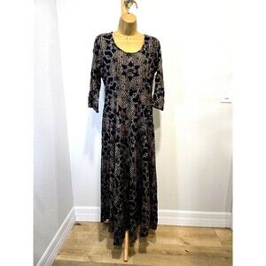 Fit and Flare Dress Large Midi Blue Tan Geometric Modest Lightweight Indie Boho